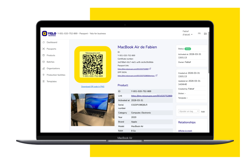 Plateforme Yelo Business pour les passeports numériques de produits